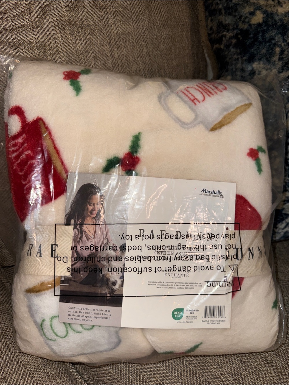 Rae Dunn Christmas Holiday Coffee Mug Fleece Throw Blanket - Cream & Red